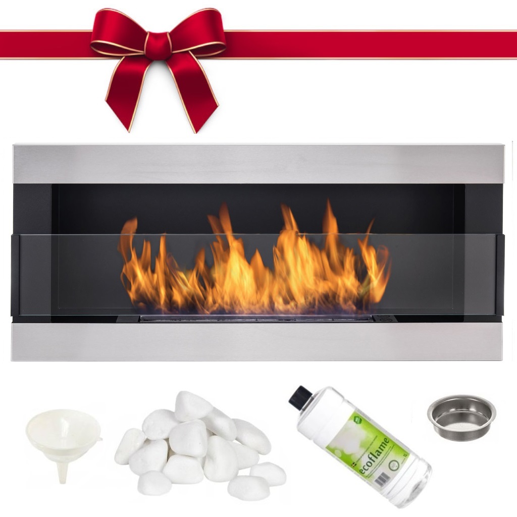 Bio Ethanol Fireplace With Glass Eco Fire Burner 90x40 Black Metal